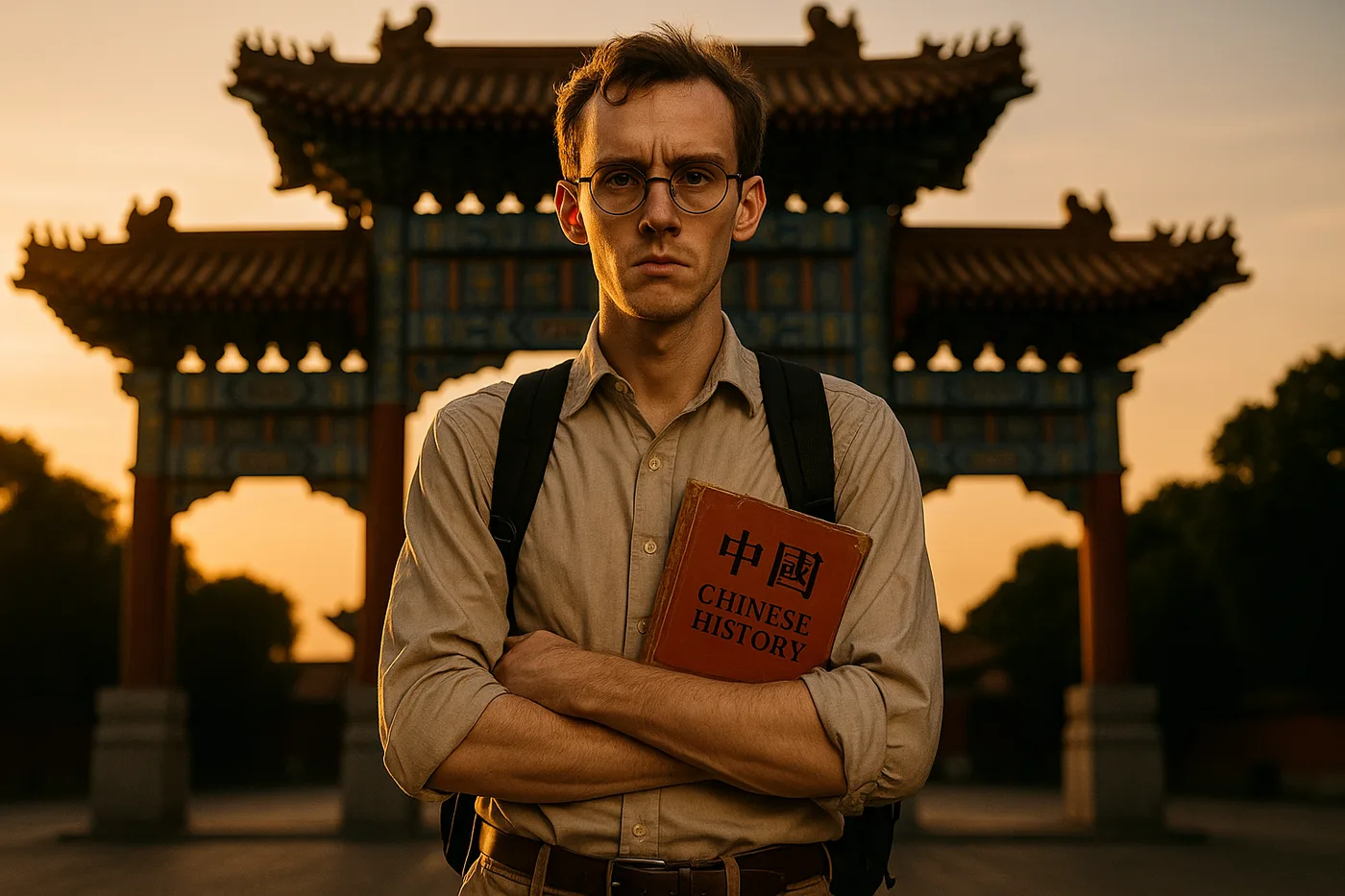 Bradley J. Mitchell, Lead Cultural Preservation Fellow, in front of a traditional Chinese gate at sunset