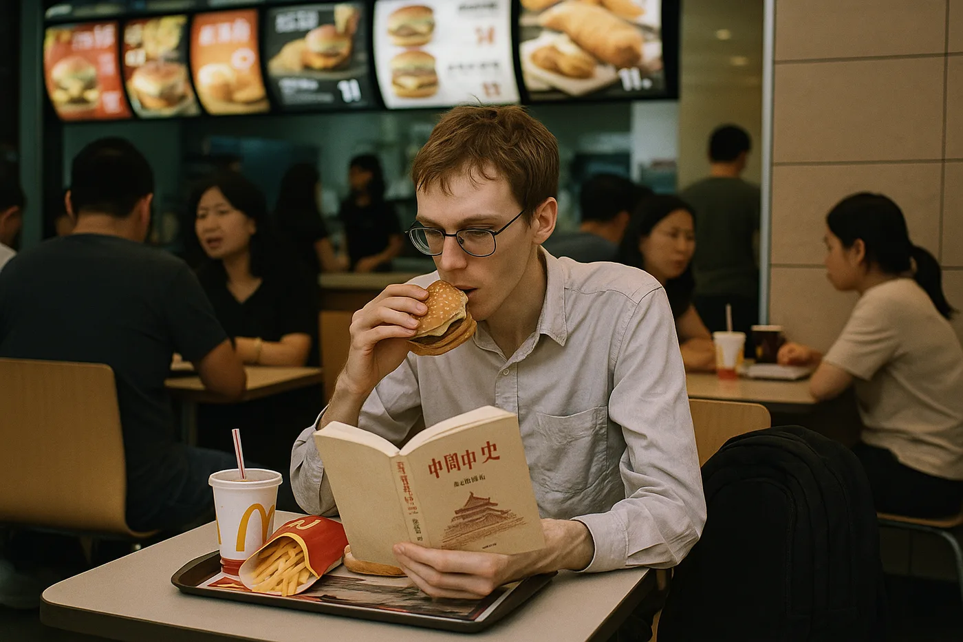 The Scholar reviewing historical texts during his daily nutritional intake period at the Futian CocoCity McDonald's